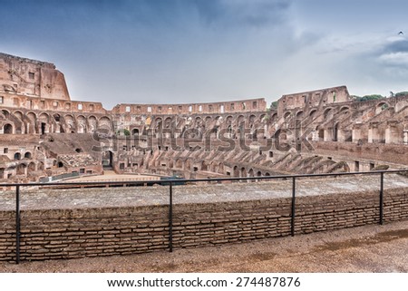 ROME - JUNE 14, 2014: Roman Colosseum interior. Interior gallery around the arena