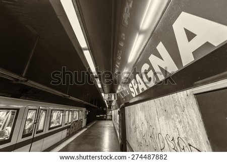 ROME - JUNE 14, 2014: Commuters walk in metro station. Rome Metro has annual ridership of 331 million on its 2 lines. 3rd line is under construction