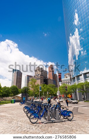 NEW YORK - JUN 14: New blue Citi Bikes lined up in Downtown Manhattan station on June 14, 2013. The Bike-Share program begins on Memorial Day