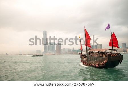 HONG KONG - MAY 12, 2014: Aqua Luna is a Chinese Junk operating in Victoria Harbour. It was launched in 2006 and is one famous tourist attraction.