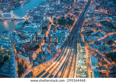 Night aerial view of London railway