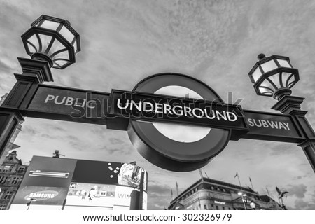LONDON, UK - JULY 3, 2015: Piccadilly Circus street underground tube station on July 3, 2015 in London, England. London\'s underground railway is the oldest in the world, dating back to 1863
