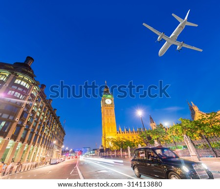 Airplane landing in London, UK. Tourism concept.