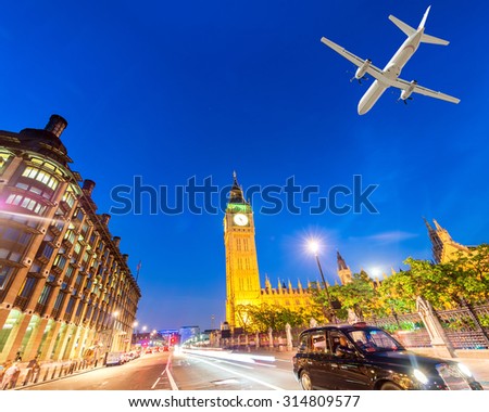 Airplane landing in London, UK. Tourism concept.