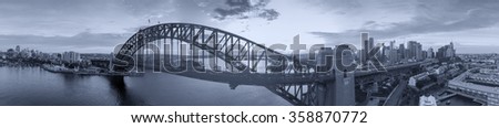 Black and white aerial view of Sydney. 360 degrees panoramic.