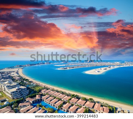 Helicopter view of Dubai Palm Island.