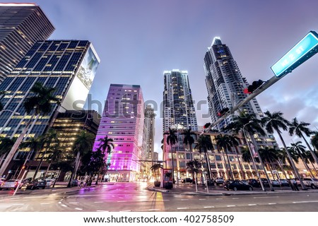 Streets and Buildings of Downtown Miami at night.
