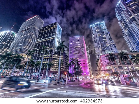 Streets and Buildings of Downtown Miami at night.
