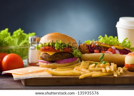 fast food hamburger,  hot dog menu with burger, french fries, tomato drinks and many more