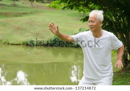 Retired Asian chinese senior man exercising in park