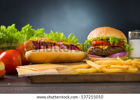 cheese burger and hot dogs with plenty of fast foods ingredients on the background