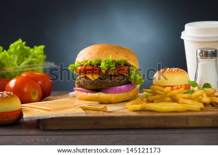 fast food hamburger, hot dog menu with burger, french fries, tomato drinks and many more