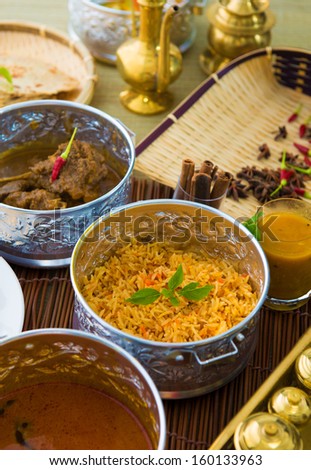 Indian meal with curry and biryani