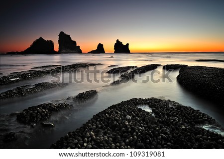 Motukikie Rocks, West Coast, New Zealand at Dusk