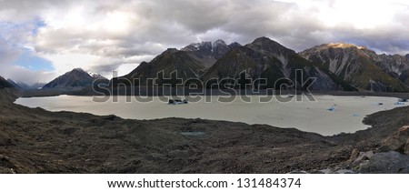 MOUNT COOK, NEW ZEALAND - APRIL 4: The terrific view of Tasman Lake near Mount Cook National Park in the evening of April 4, 2010 in Mount Cook. The lake is formed from melting glacier.