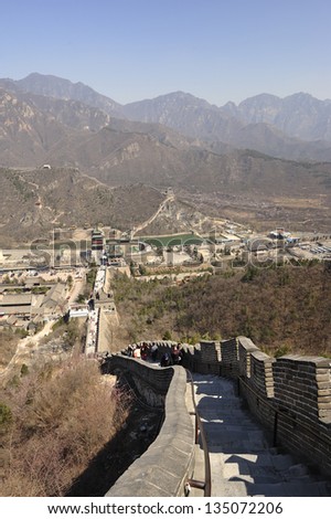 BEIJING, CHINA - APRIL 3:The view of the Great Wall of China from the second level at Juyongguan Pass, Changping County on April 3, 2013.
