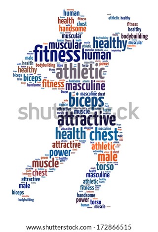 Words illustration of the bodybuilder over white background