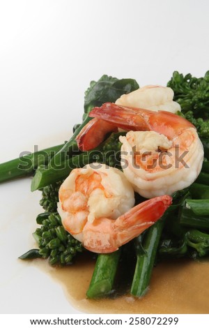 Thai tradition food, fried young Chinese Kale With Prawn.
