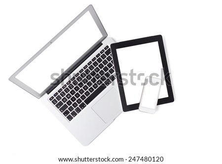 Different tech items with blank screens isolated on white background