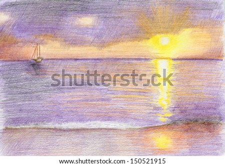 Sunset on the seashore in Thailand. Pencil drawn landscape