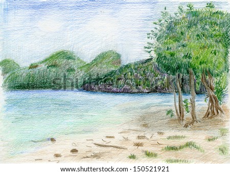 Koh Samui island, Thailand. Pencil drawn landscape