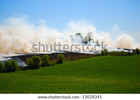 Farmland on fire with clouds of smoke and green pasture