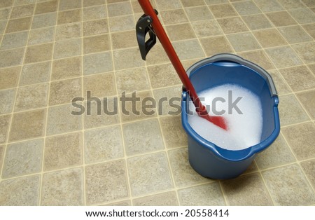 Mop and mop bucket on linoleum floor