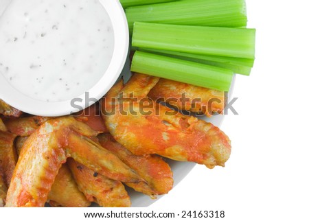 Spicy chicken wings, celery, and blue cheese dressing