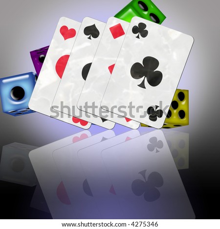 cards and dice on a gradient background with reflections