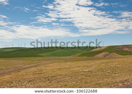 Giant windmills placed in a row on hills of green crops on a farm with foreground of dry grass, and a background of blue sky.