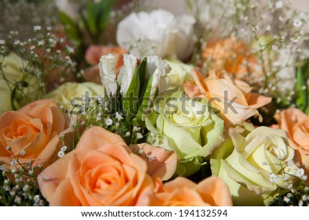 White lacy flowers that are just opening in a bouquet of light orange and greenish yellow roses with babies breath.