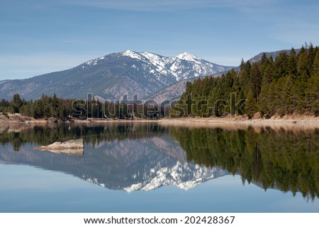 The snow covered Cabinet Mountains reflecting in the calm waters of Trout Creek with a green tree shoreline.