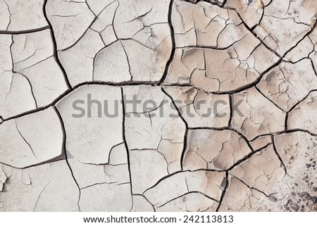 A close up view of dry cracked earth with layers pealing back and small pebbles.