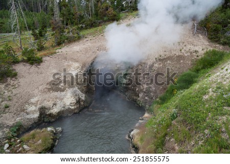 Hot steam rising out of a thermal cave in a hillside with hot mineral water flowing out of Dragon\'s Mouth Spring in Yellowstone National Park.