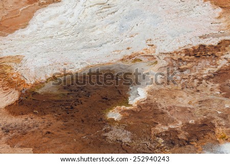Old dry white bacteria and mineral deposits above hot water filled shallow pools with colorful live bacteria as a background in Yellowstone National Park.