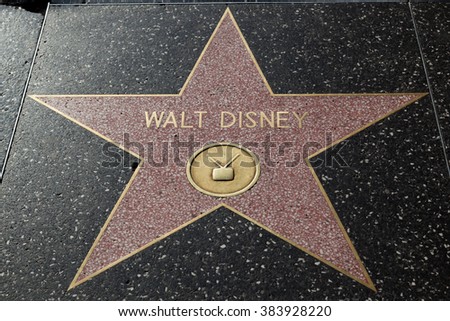 HOLLYWOOD, CALIFORNIA - February 8 2015: Walt Disney\'s Hollywood Walk of Fame star on February 8, 2015 in Hollywood, CA.