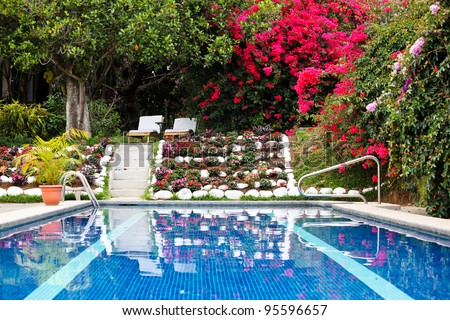 Blue water in a small hotel swimming pool reflect various colorful flowers planted on a hill and the lush tropical vegetation of Costa Rica.