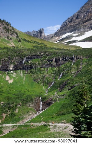 The dramatic mountainside landscape of the weeping wall section of the Going to the Sun Road in Glacier National Park, Montana.