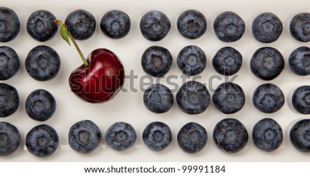 A single red cherry with a stem is placed in rows of organic blueberries on a white plate.