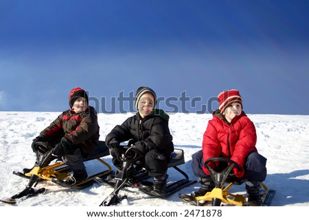 Three brothers  Tobogganing on a nice winter day