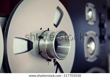 Analog Stereo Open Reel Tape Deck Recorder Spool Closeup
