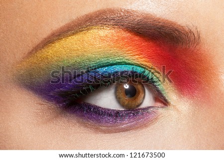 closeup of beautiful female eye with rainbow makeup