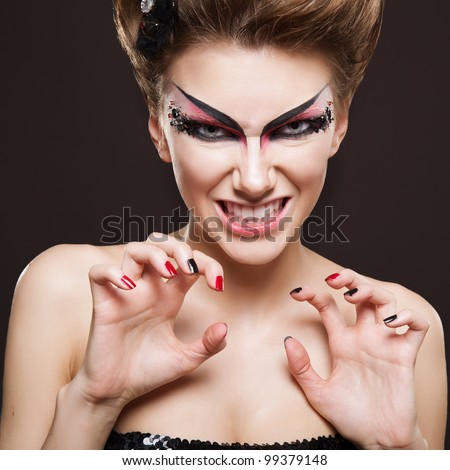 Beauty face of beautiful angry woman with makeup