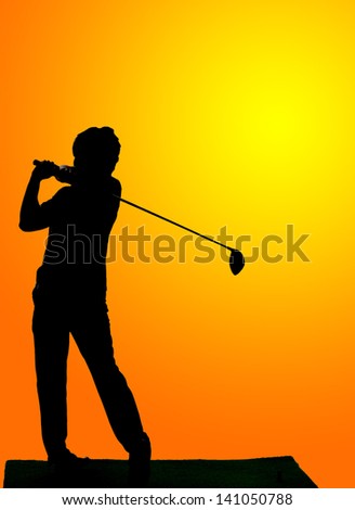 Silhouette of driving golf\'s man against yellow background.