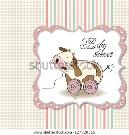 Baby shower card with cute cow toy vector illustration Baby shower card with cute cow toy vector illustration
