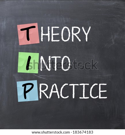 Theory into practice text on a blackboard