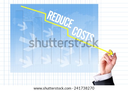 Reduce costs concept with businessman hand draw a graph