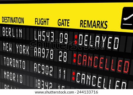 Flight delayed or cancelled display panel in airport