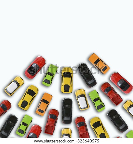 Many colorful car toys isolated on white background