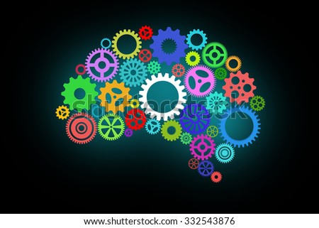 Artificial intelligence with human brain shape and gears on dark or black background
